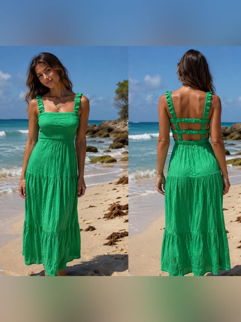 Green Maxi Dress with Smocked Bodice